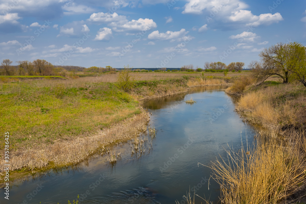 small quiet river among a prairie under cloudy sky, summer rural landscape