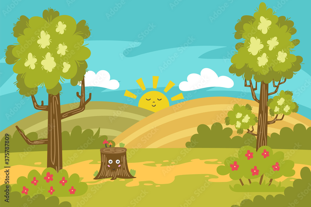 Summer landscape of forest edge. Cartoon forest nature vertical background with trees and meadows. Vector illustration