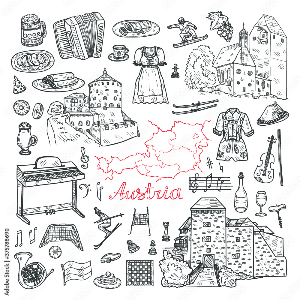 Set of cute hand drawn Welcome to Austria icons. Vector sketch. Set of cute hand drawn Welcome to Austria icons. Vector sketch.