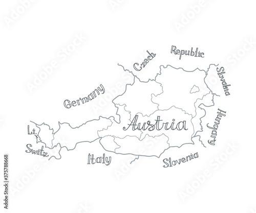 Illustration with Auatia map and  cute hand drawn Welcome to Austria icons. Vector sketch. 