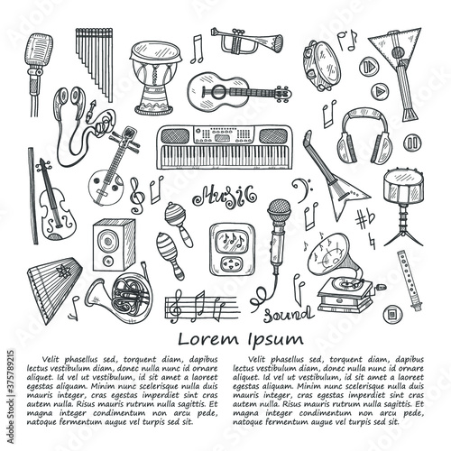 Illustration with cute hand drawn musical instruments. Vector collection