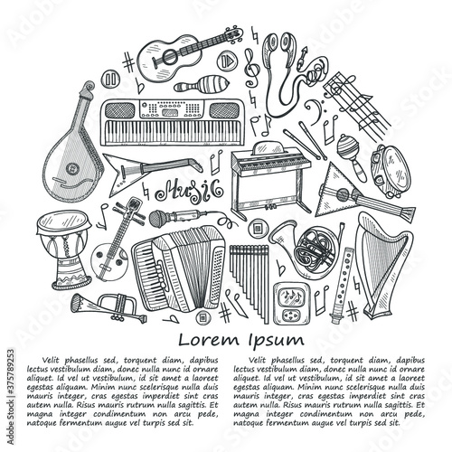 Illustration with cute hand drawn musical instruments. Vector collection