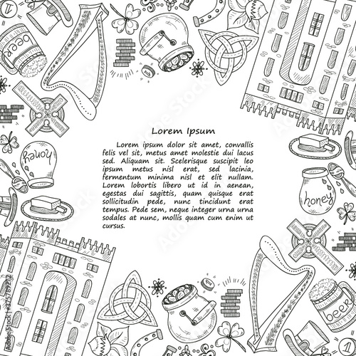 Card template with Ireland related hand drawn icons including irish coffee; irish round tower and others. Doodle vector Ireland related collection