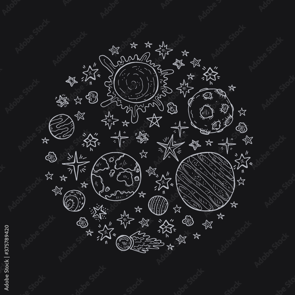 Illustration with cute hand drawn space objects: stars, rockets, planets, moon, sun etc. Hand-drawn vector collection Illustration with cute hand drawn space objects: stars, rockets, planets, moon, sun etc. Hand-drawn vector collection