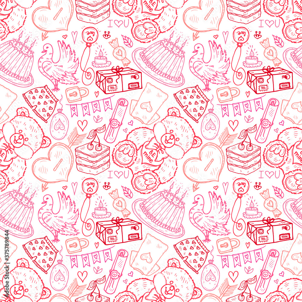 Seamless pattern with cute hand drawn Valentines Day icons. Love collection. Vector Seamless pattern with cute hand drawn Valentines Day icons. Love collection. Vector