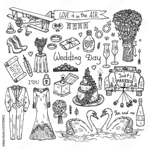 Set with cute hand drawn Wedding icons. Love collection. Vector
