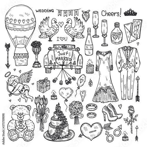 Set with cute hand drawn Wedding icons. Love collection. Vector