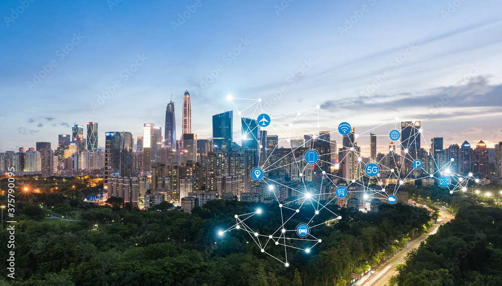 Shenzhen City Scenery and 5G Network Technology Concept