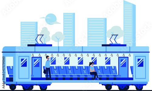 Passengers are keeping their distance in commuter during new normal illustration