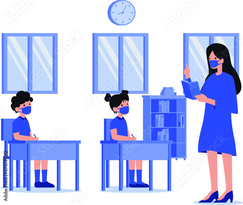 A woman teacher teacheng her student in the class during new normal