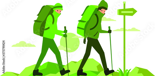 2 Men are going to hiking together at mountain main road illustration