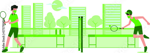 2 Men are playing tennis together at tennis court illustration