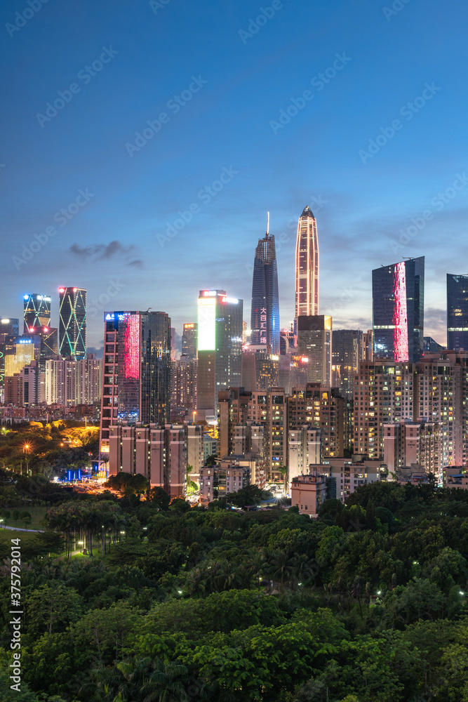 Naklejka premium Night view of the skyline of Futian CBD Financial District in Shenzhen