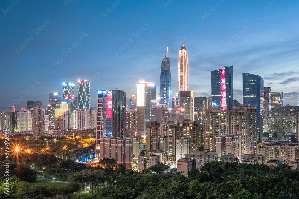 Fototapeta premium Night view of the skyline of Futian CBD Financial District in Shenzhen