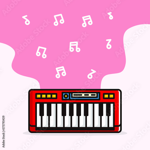 red color of keyboard synth cartoon with music note background illustration design vector