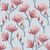 Seamless floral pattern with lotos flowers on blue background.