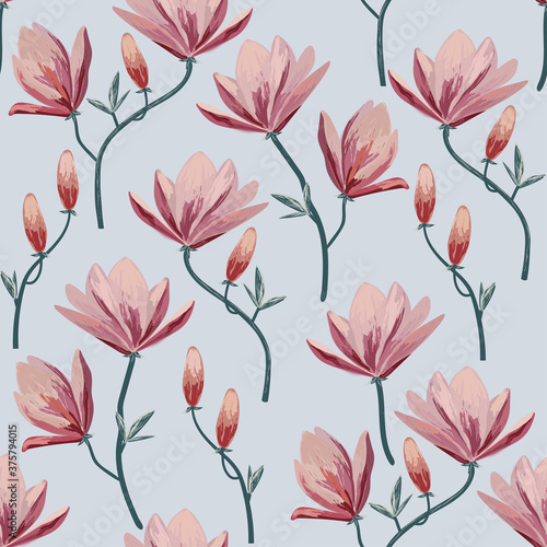 Seamless floral pattern with lotos flowers on blue background.