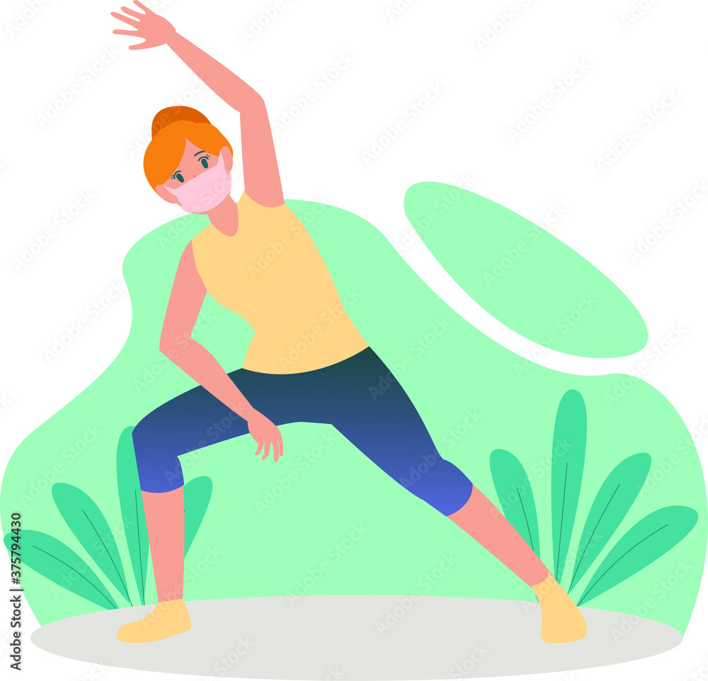 Masked woman stretching her muscles illustration