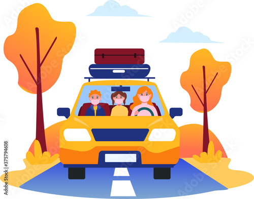 Small family go on travel using their own car illustration