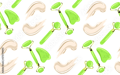 Seamless pattern of flat cartoon mint green stone face massage roller and guache scraper. Essence awaiting massage. Stylish trendy print for packaging.  Isolated on white background