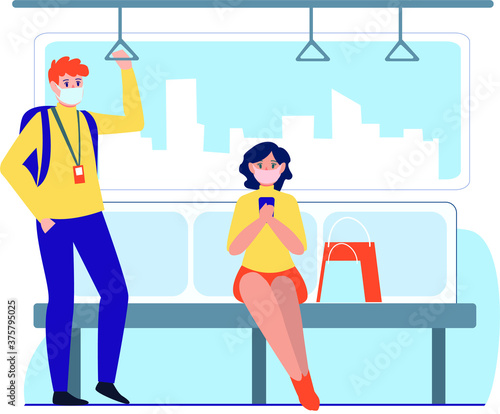 Masked passengers are keeping their distance in subway during new normal