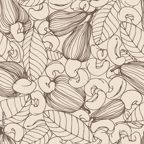 seamless pattern of a set of peeled cashew nuts, leaves & fruits, for ornaments, menu decorations, color vector illustration with sepia contour lines on a milky background in a hand drawn style