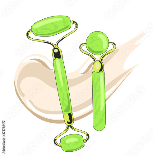 Flat cartoon mint green stone face massage roller and gua che scraper. Essence awaiting massage. Stylish trendy print for packaging.  Isolated on white background