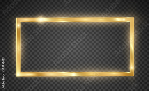 Gold glitter with shiny gold frame on a transparent black background. Vector luxury golden background.