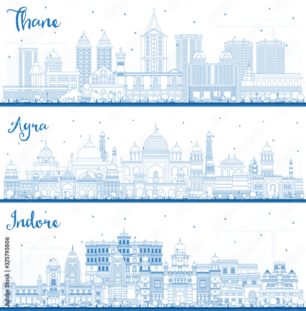 Outline Indore, Agra and Thane India City Skylines Set with Blue Buildings.