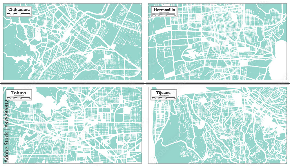 Toluca, Hermosillo, Tijuana and Chihuahua Mexico City Maps Set in Retro Style.