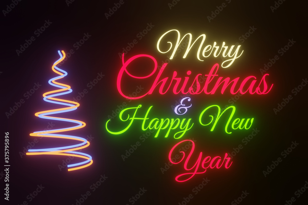 Merry Christmas and Happy New Year 2020 Bright Led Neon Seasons Greeting Sign Illustration