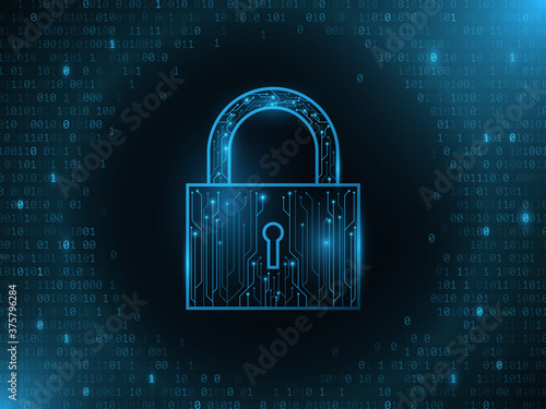 Futuristic security lock from a computer circuit board. Luminous software binary code. Vector illustration.