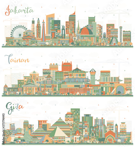 Jakarta, Giza and Tainan Taiwan City Skylines Set with Color Buildings.
