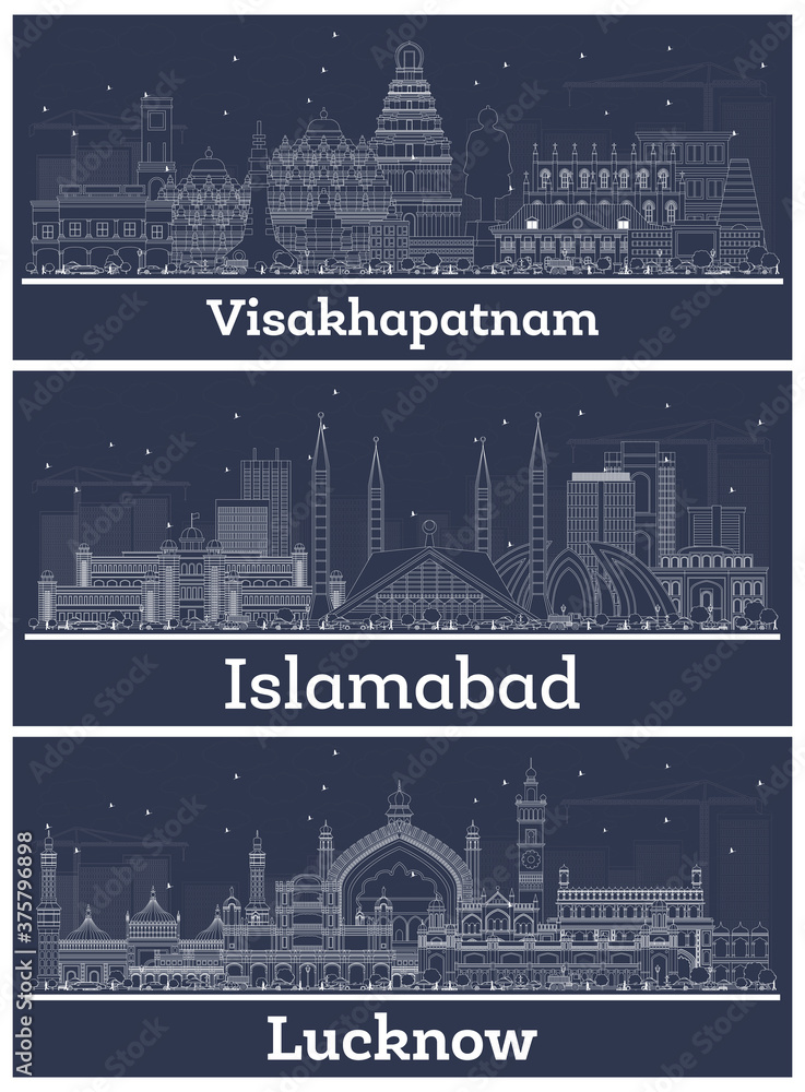 Outline Visakhapatnam, Lucknow India and Islamabad Pakistan City Skylines Set with White Buildings.