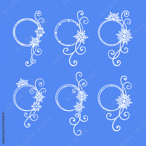 Christmas and New Year set of round frames with snowflakes and swirls. Vector silhouette, design template for holiday greeting card, invitation, banner, festive decoration, laser and plotter cutting