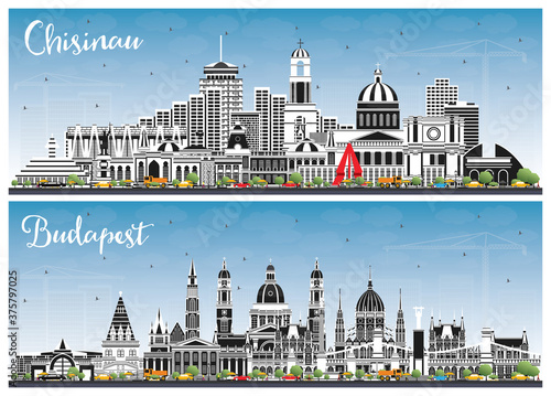 Budapest Hungary and Chisinau Moldova City Skylines Set with Gray Buildings and Blue Sky.