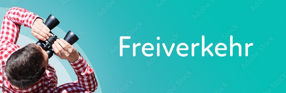 Fototapeta premium Freiverkehr. Mann bei Beobachtung mit Fernglas. Fokus auf Text/Wort. Panorama Format. Hintergrund blau/türkis.
