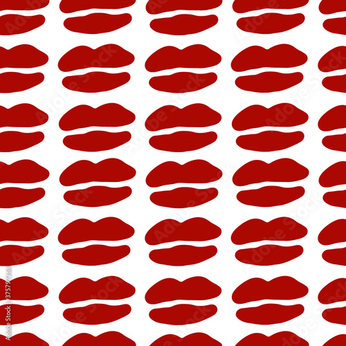 Red kiss lips seamless pattern. Flat fashion style. Lipstick cosmetic icon isolated on white background. Makeup print. Heart romantic vector. Woman s day  valentine s day. International women day.