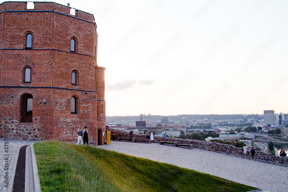 Vilnius. High castle on the mountain. Brick tower of the fortress. Gediminas Tower. Medieval architecture today
