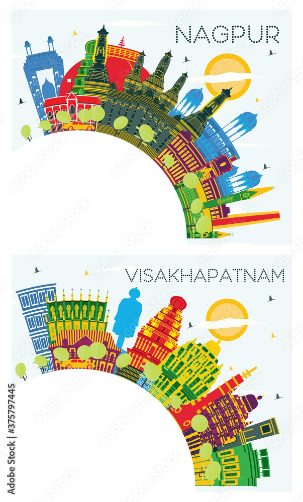Visakhapatnam and Nagpur India City Skylines Set with Color Buildings, Blue Sky and Copy Space.