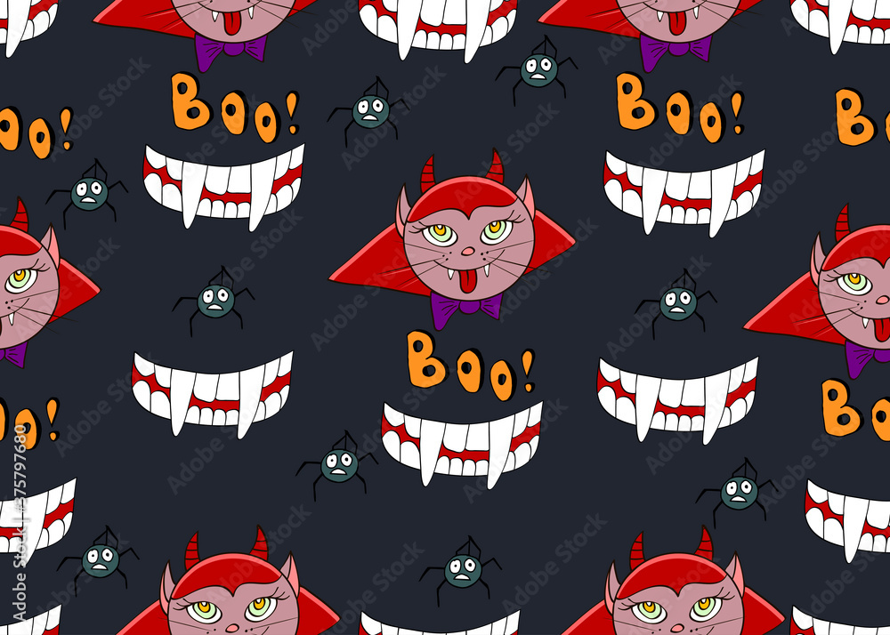 Halloween vector background. Seamless pattern with cute and fun Halloween characters  Vampire,  Spider,  Devil.