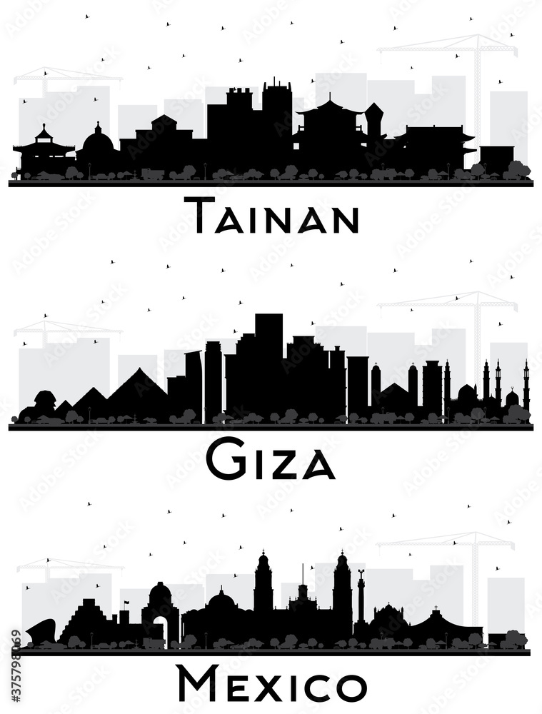 Tainan Taiwan, Mexico and Giza Egypt City Skyline Silhouettes Set with Black Buildings Isolated on White.