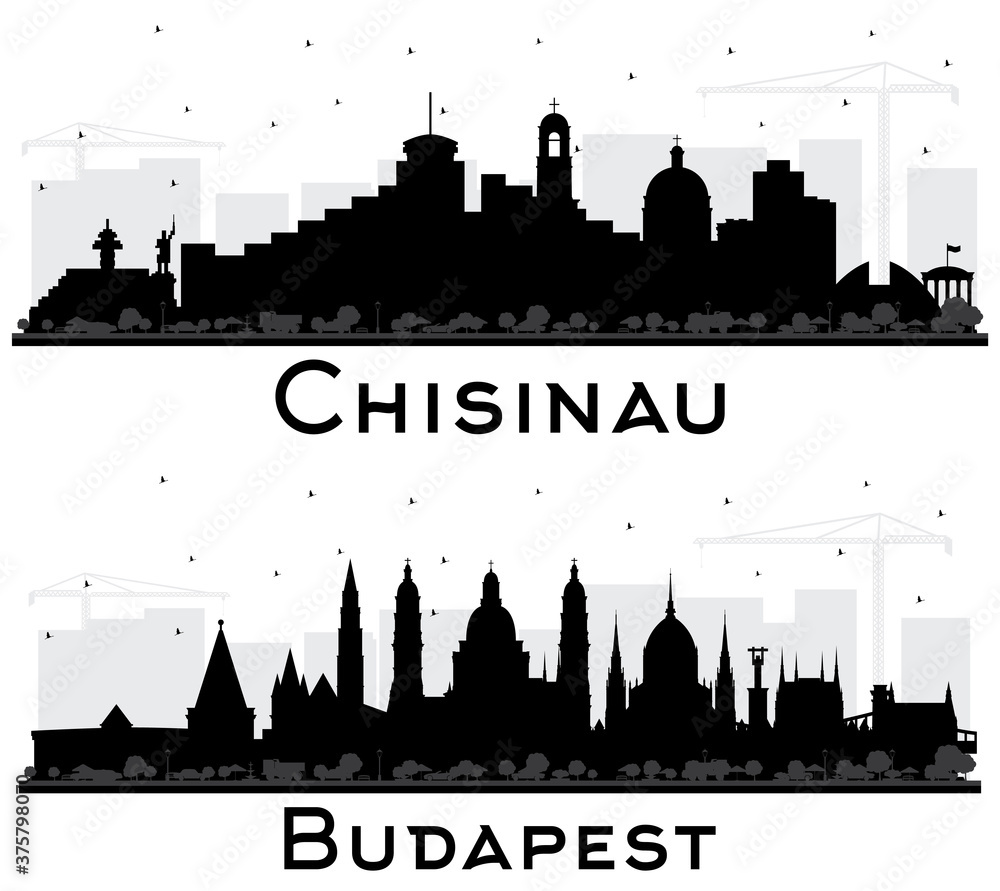 Budapest Hungary and Chisinau Moldova City Skyline Silhouettes Set with Black Buildings Isolated on White.