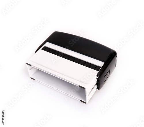 Black plastic automatic stamp for documents isolated on white background