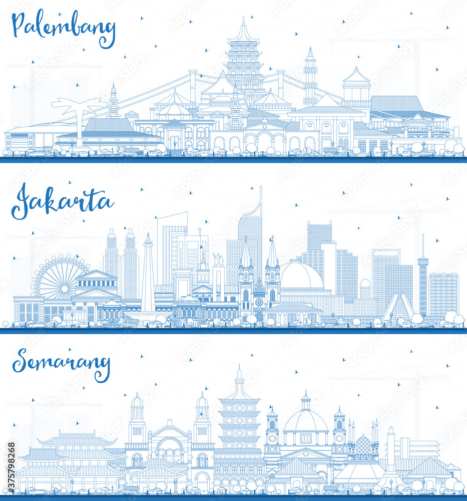 Outline Palembang, Jakarta and Semarang Indonesia City Skylines with Blue Buildings. Business Travel and Tourism Concept with Historic and Modern Architecture.