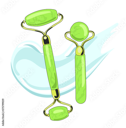 Flat cartoon mint green stone face massage roller and gua che scraper. Essence awaiting massage. Stylish trendy print for packaging.  Isolated on white background