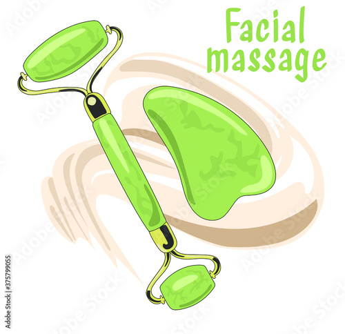 Flat cartoon mint green stone face massage roller and gua che scraper. Essence awaiting massage. Stylish trendy print for packaging.  Isolated on white background