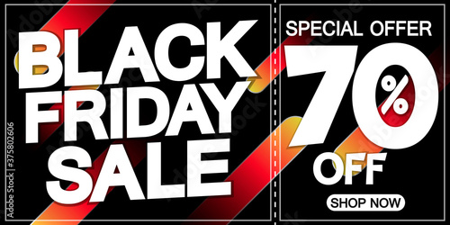 Black Friday Sale 70% off, poster design template, discount horizontal banner, special offer, vector illustration