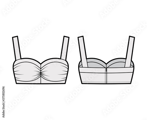 Cropped bra top technical fashion illustration with feminine sweetheart neckline, gently gathered bust, wide straps. Flat tank template front, back grey color. Women, men unisex underwear camisole CAD