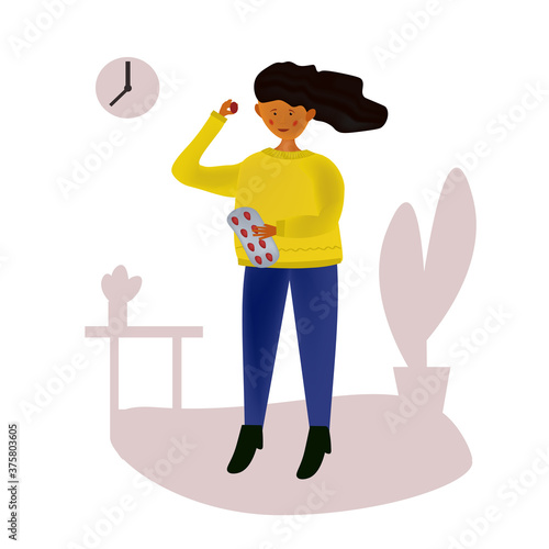 the girl takes a pill at the appointed time .. Concept art of medicine. Prescription antidepressants, pain relievers, on time